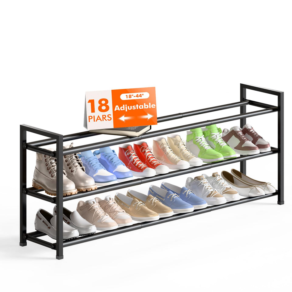 Bumusty 3-Tier Long Expandable Shoe Rack extended to 44 inches for roomy closet storage.