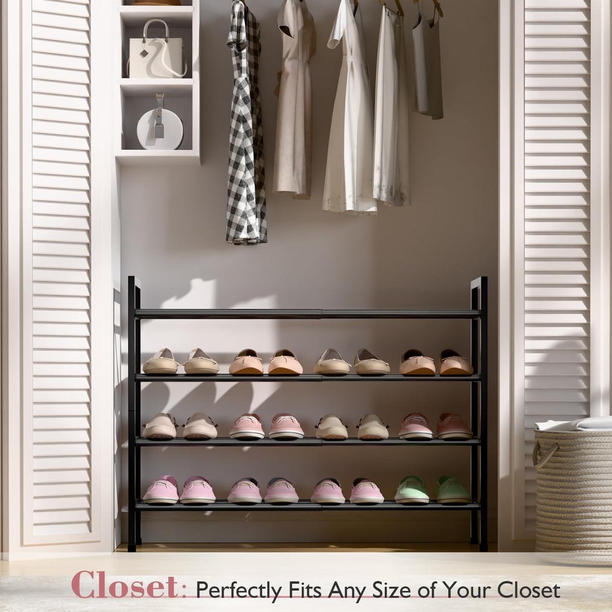 Bumusty adjustable-length rack fits narrow entryways and small dorm spaces.