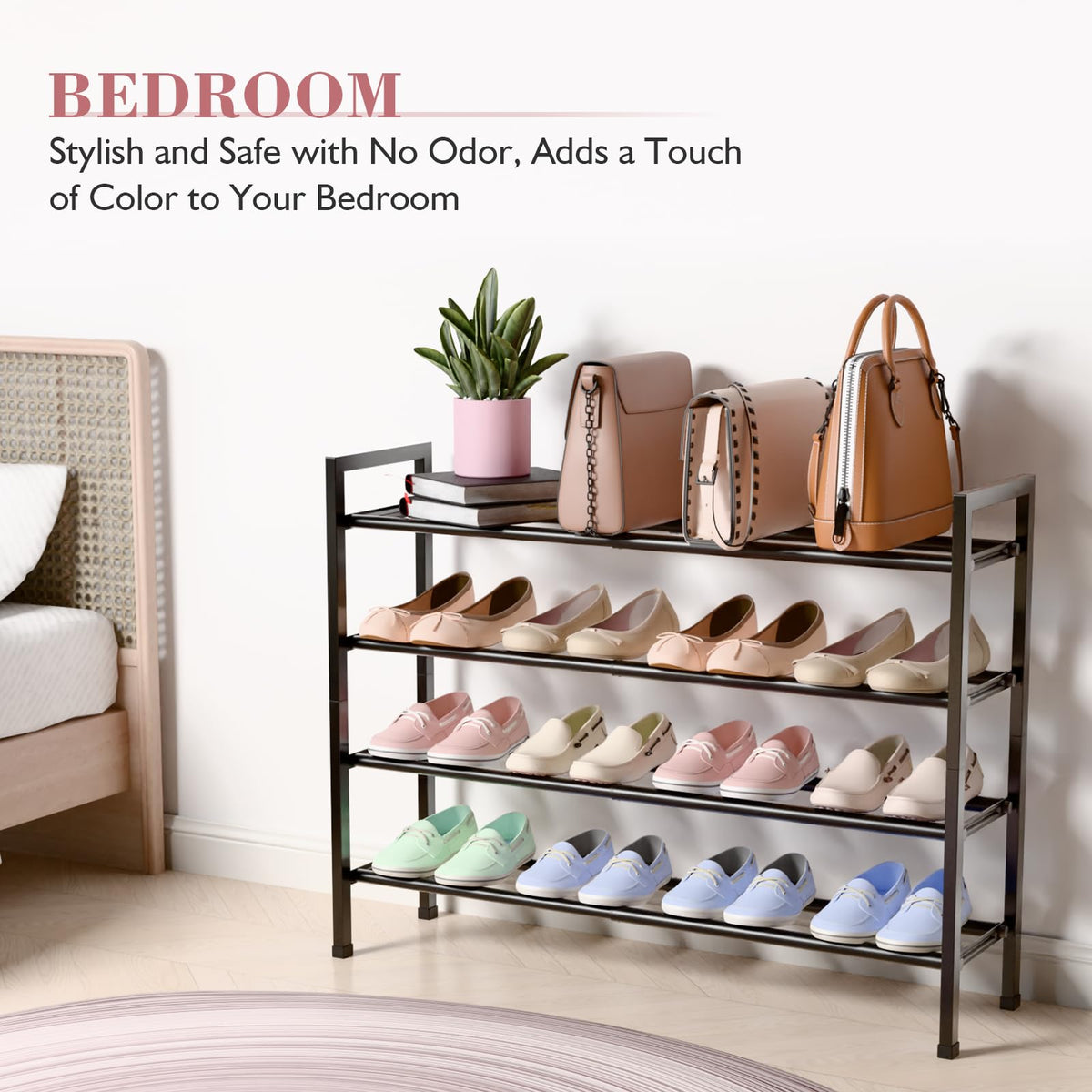 Bumusty dorm-room setup shows easy organization of sneakers and sandals.