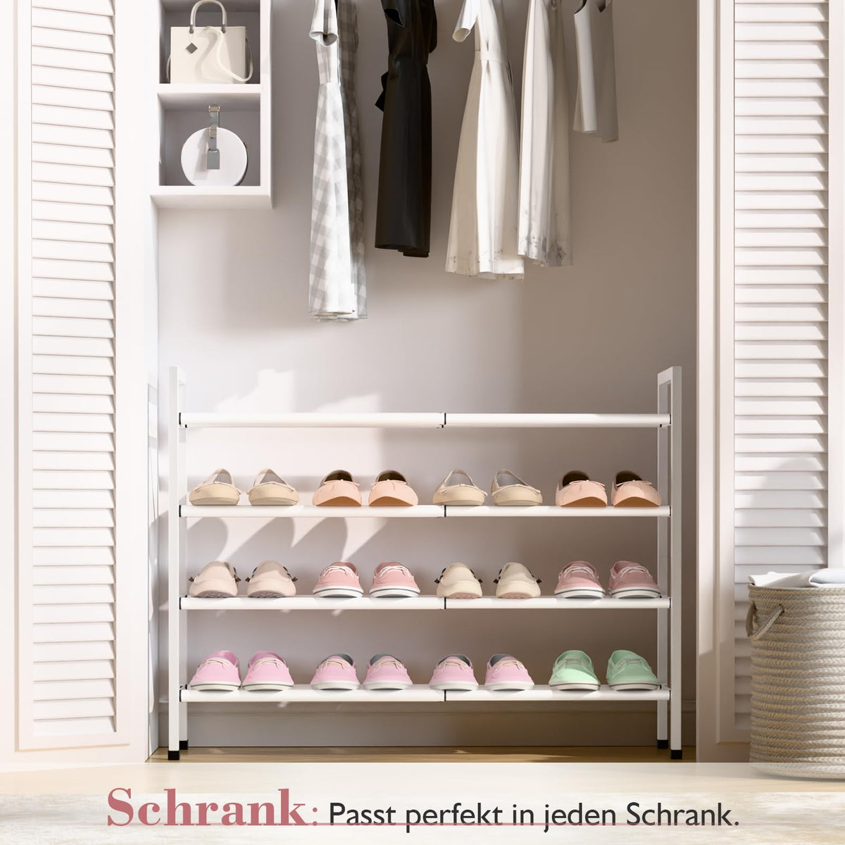 Bumusty 4-tier metal shoe rack provides sturdy storage for sandals to boots.