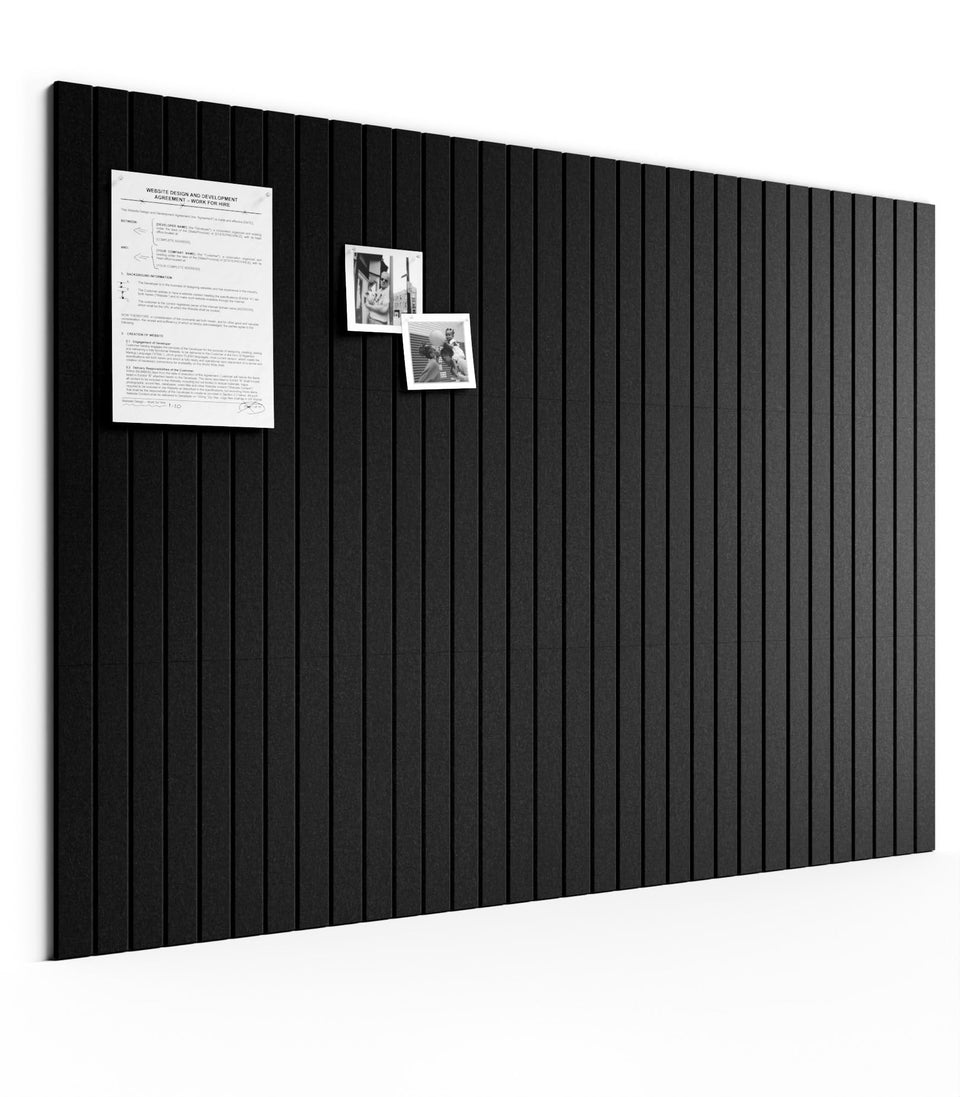 Bumusty 48x36 felt bulletin tiles in black arranged for a modular display.