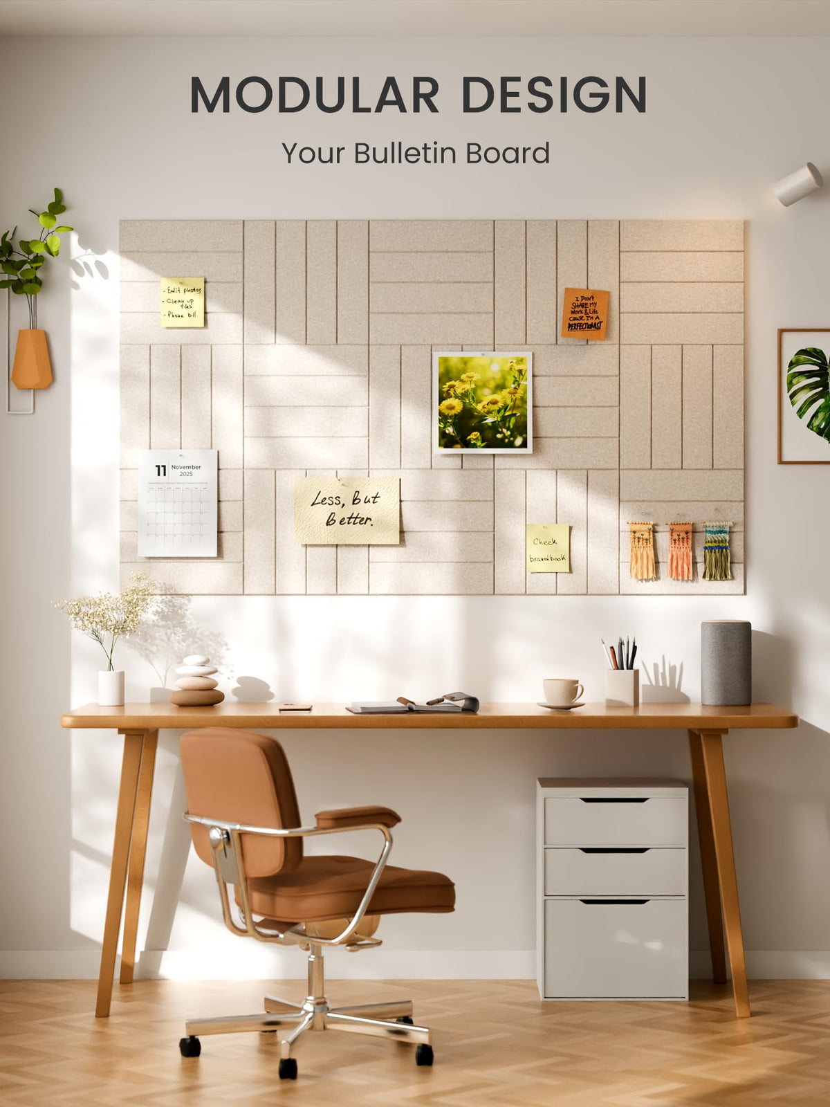 Bumusty beveled-edged tiles enable clean DIY customization.