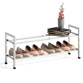 Bumusty expandable 2-tier shoe rack in closet, adjustable length for compact spaces.