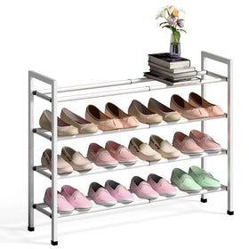 Bumusty expandable shoe rack in closet showing adjustable length for small spaces.
