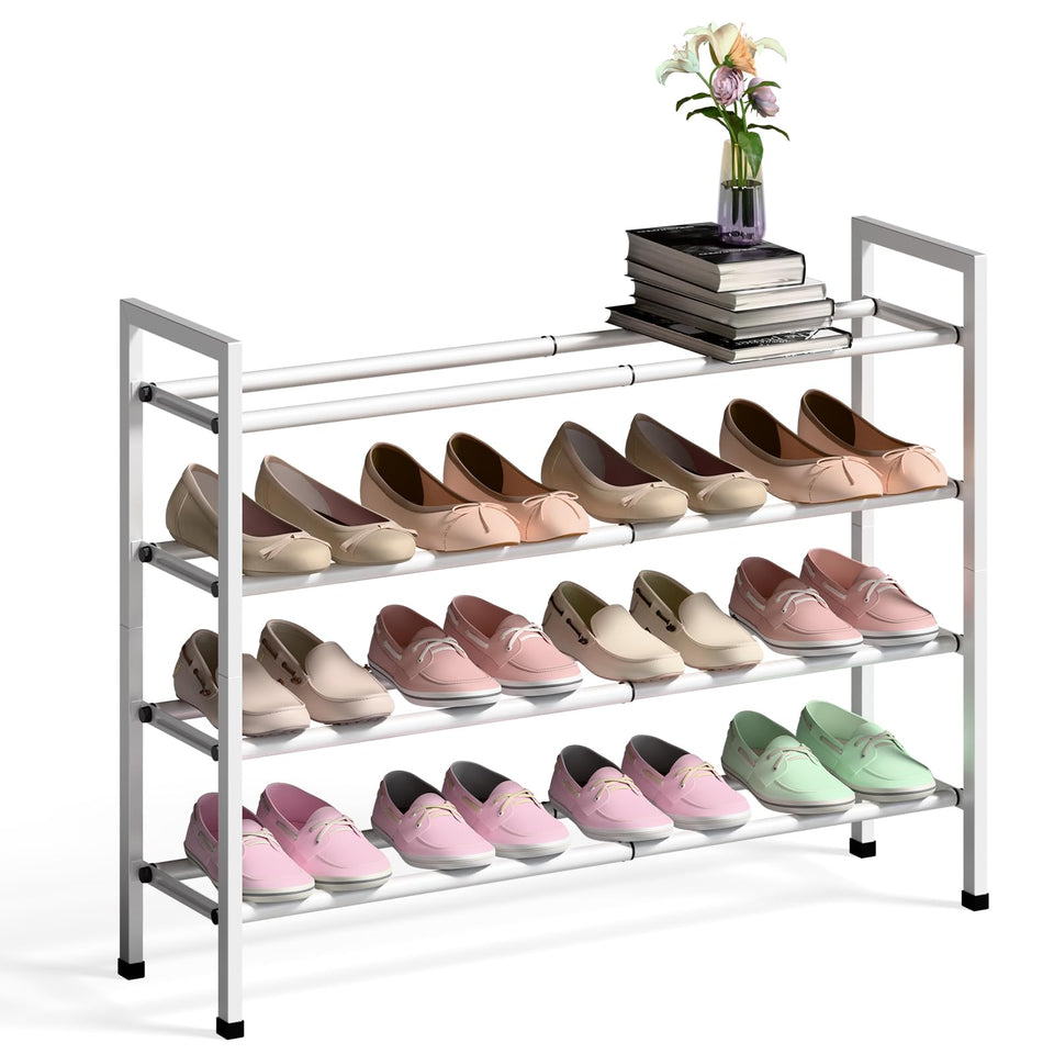 Bumusty expandable shoe rack in closet showing adjustable length for small spaces.