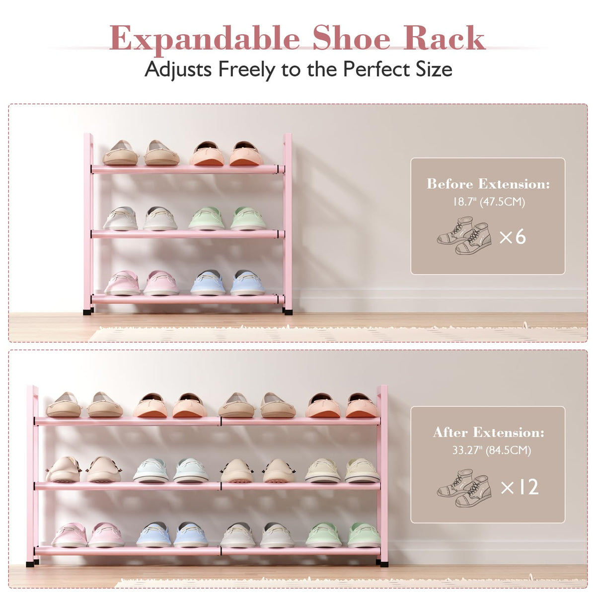 Bumusty pink front-door shoe rack adds stylish storage for entryways.