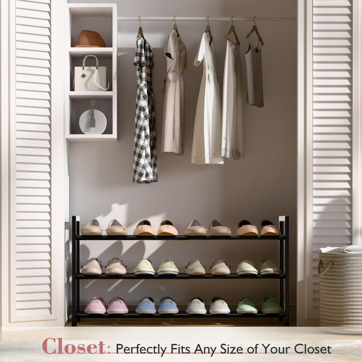 Bumusty shoe rack extends from 18 to 33 inches for flexible fit.