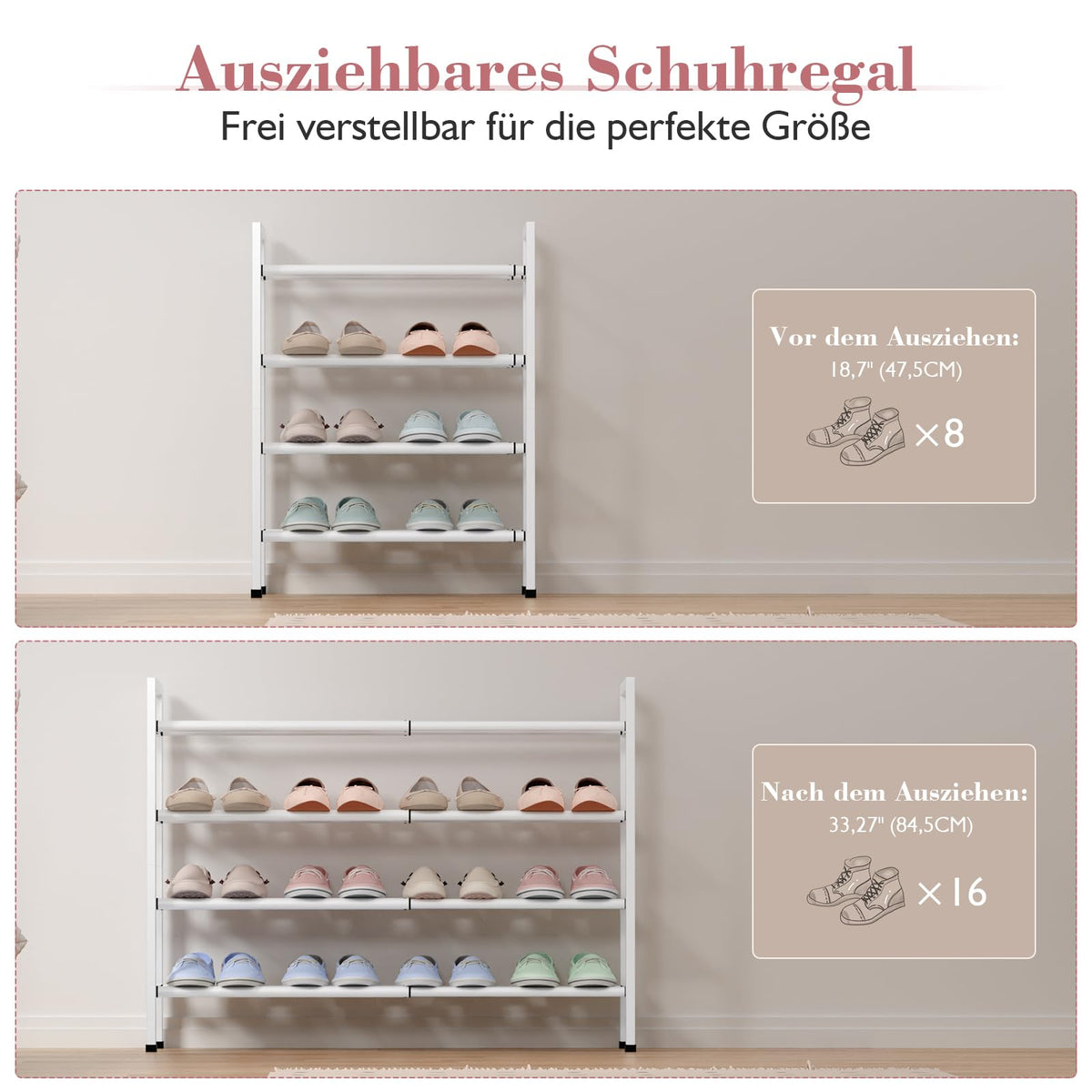 Bumusty small-space shoe storage expands to fit tight hallways.