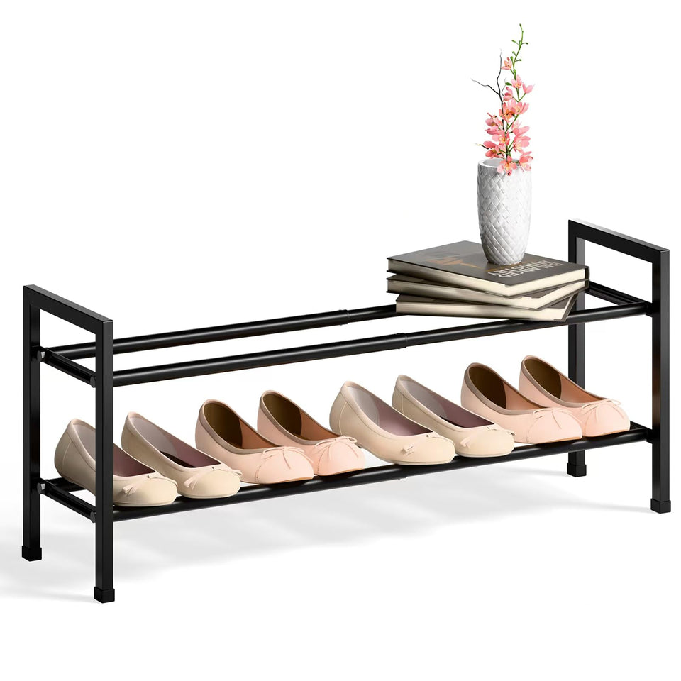 Bumusty two-tier expandable shoe rack in closet for flexible storage and tidy footwear.