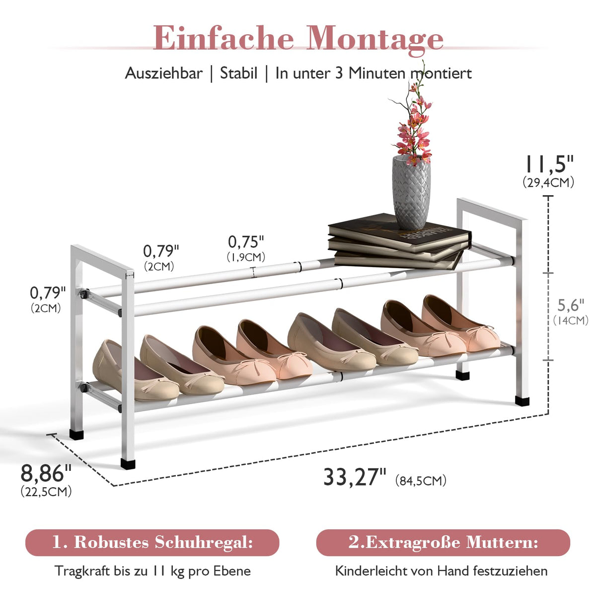 Bumusty white metal shoe rack shown in tool-free assembly for quick organization.