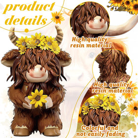 Highland Cow gnomes feature floral embellishments for warm, artistic decor.