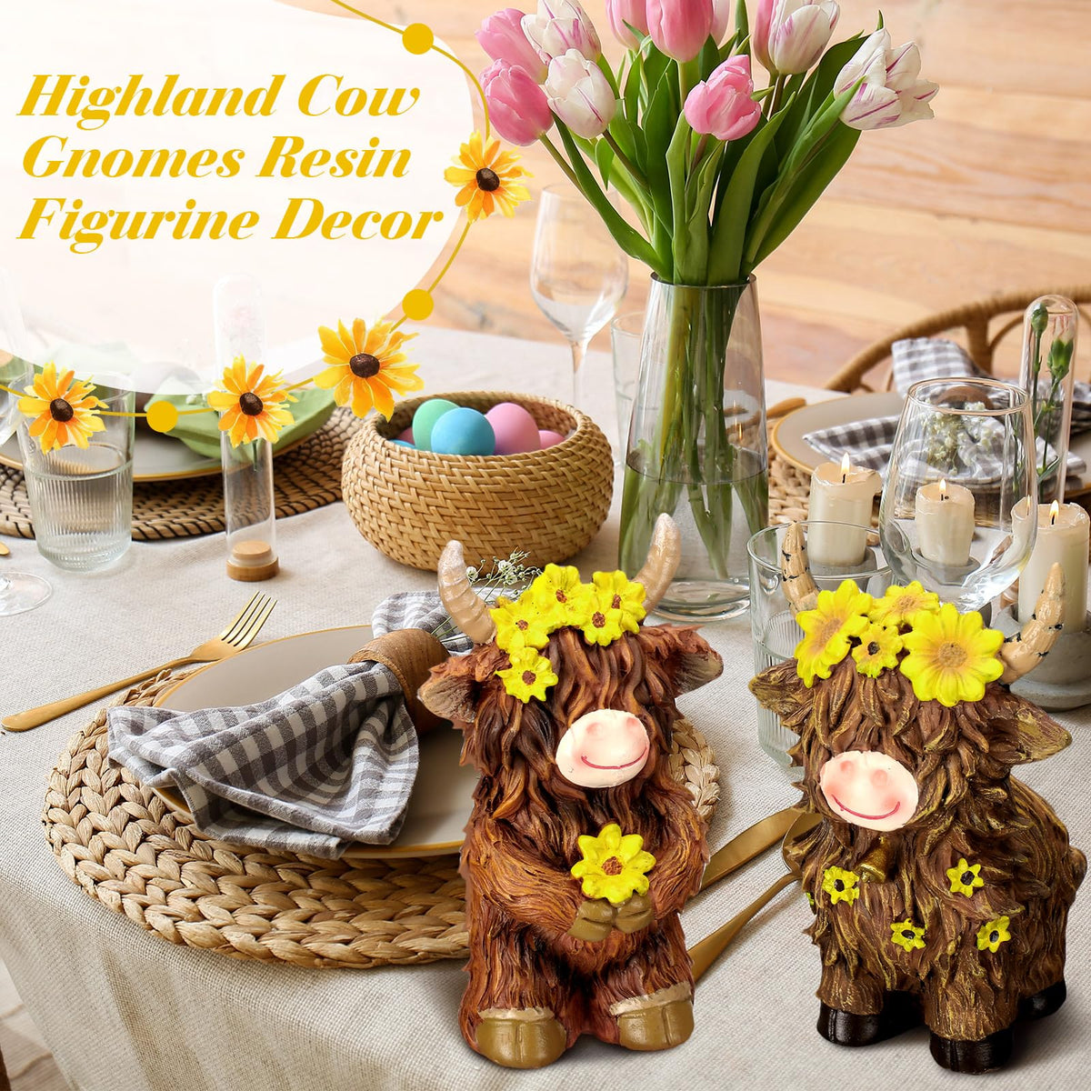 Two-pack Highland Cow gnomes ready for gifting or display in farmhouse decor.
