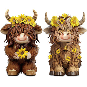 Burbell Highland Cow gnomes with sunflower details add rustic charm.