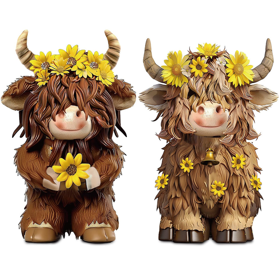 Burbell Highland Cow gnomes with sunflower details add rustic charm.