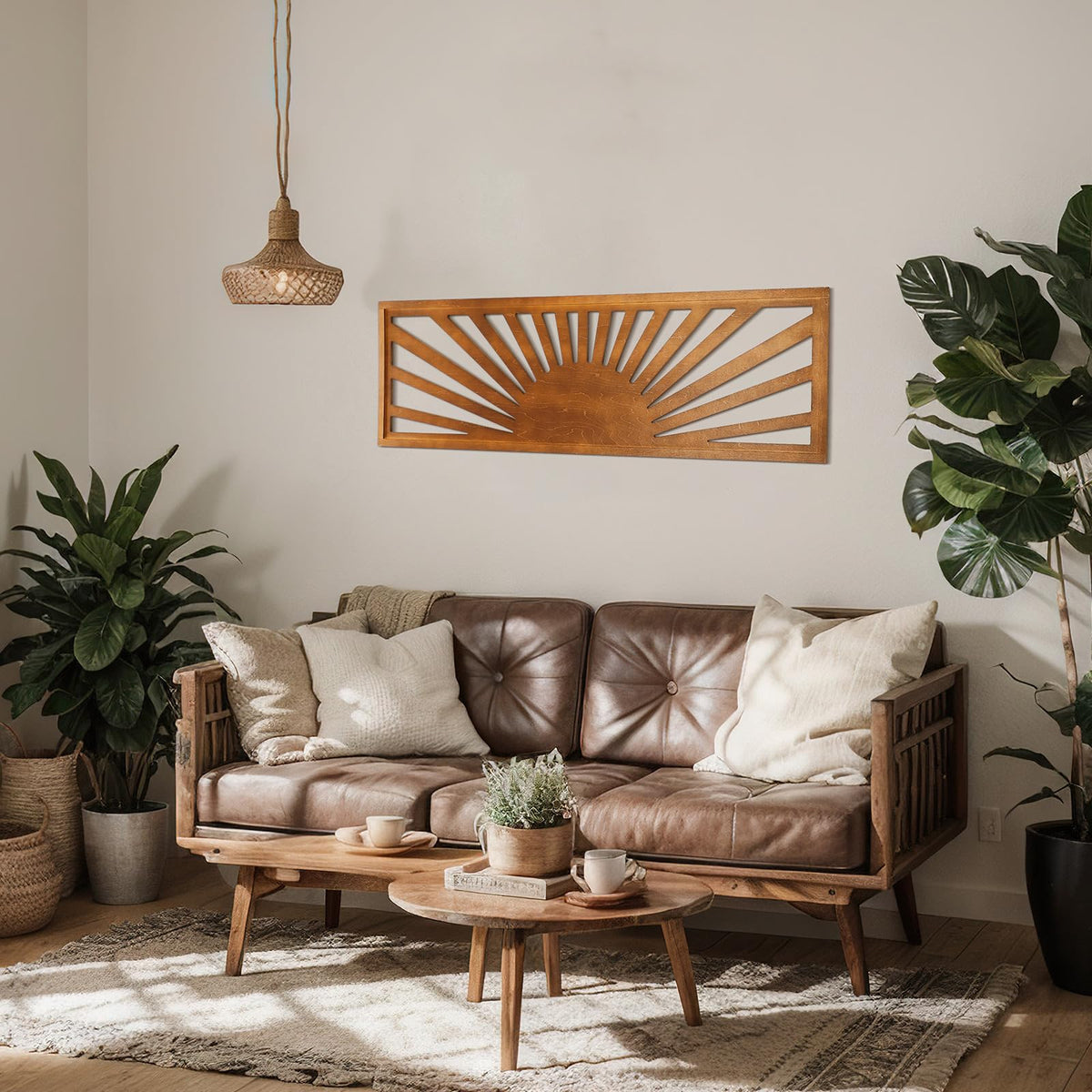 Burbell Sun wall decor displayed above a console creates focal interest.
