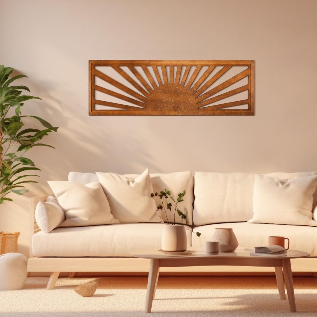 Burbell Sun wall art rectangle showcasing a rustic boho sun above the bed.