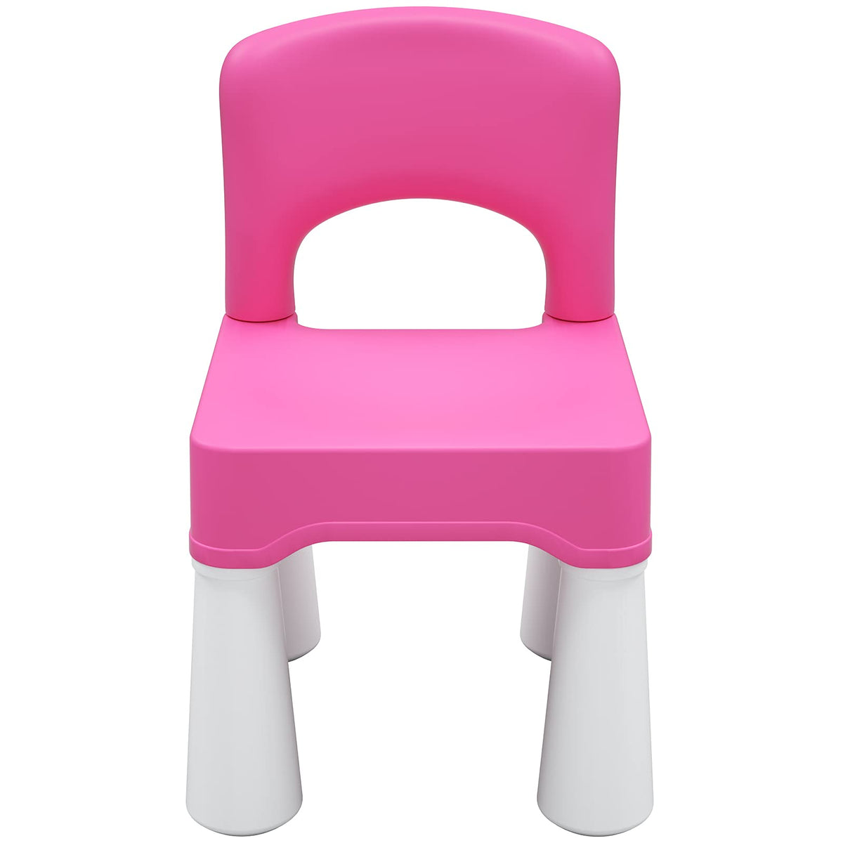 burgkidz plastic kids chair pink front view, lightweight and easy to move for toddlers.