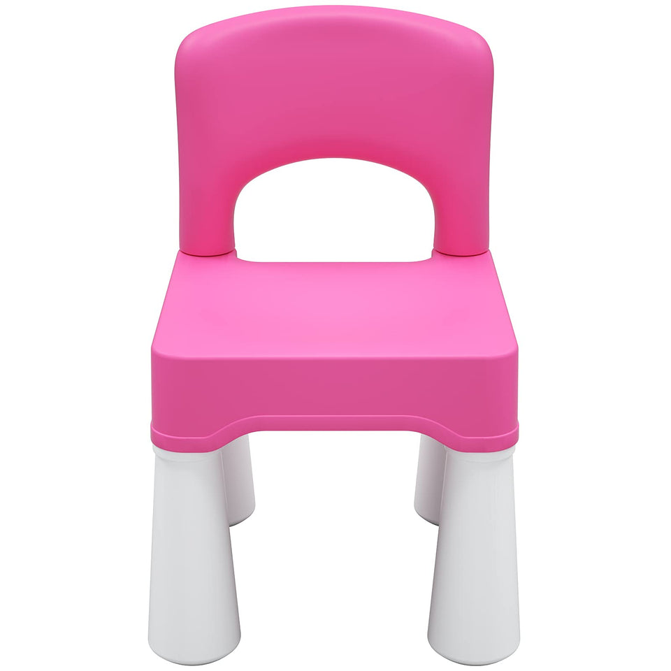 burgkidz plastic kids chair pink front view, lightweight and easy to move for toddlers.