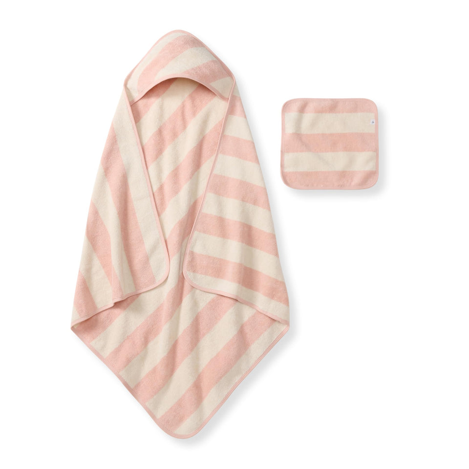 Burt's Bees Baby hooded towel on baby for cozy, gentle drying after bath.