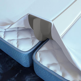 Buve Bed Bridge attached sheet in use for a seamless king-sized sleep surface