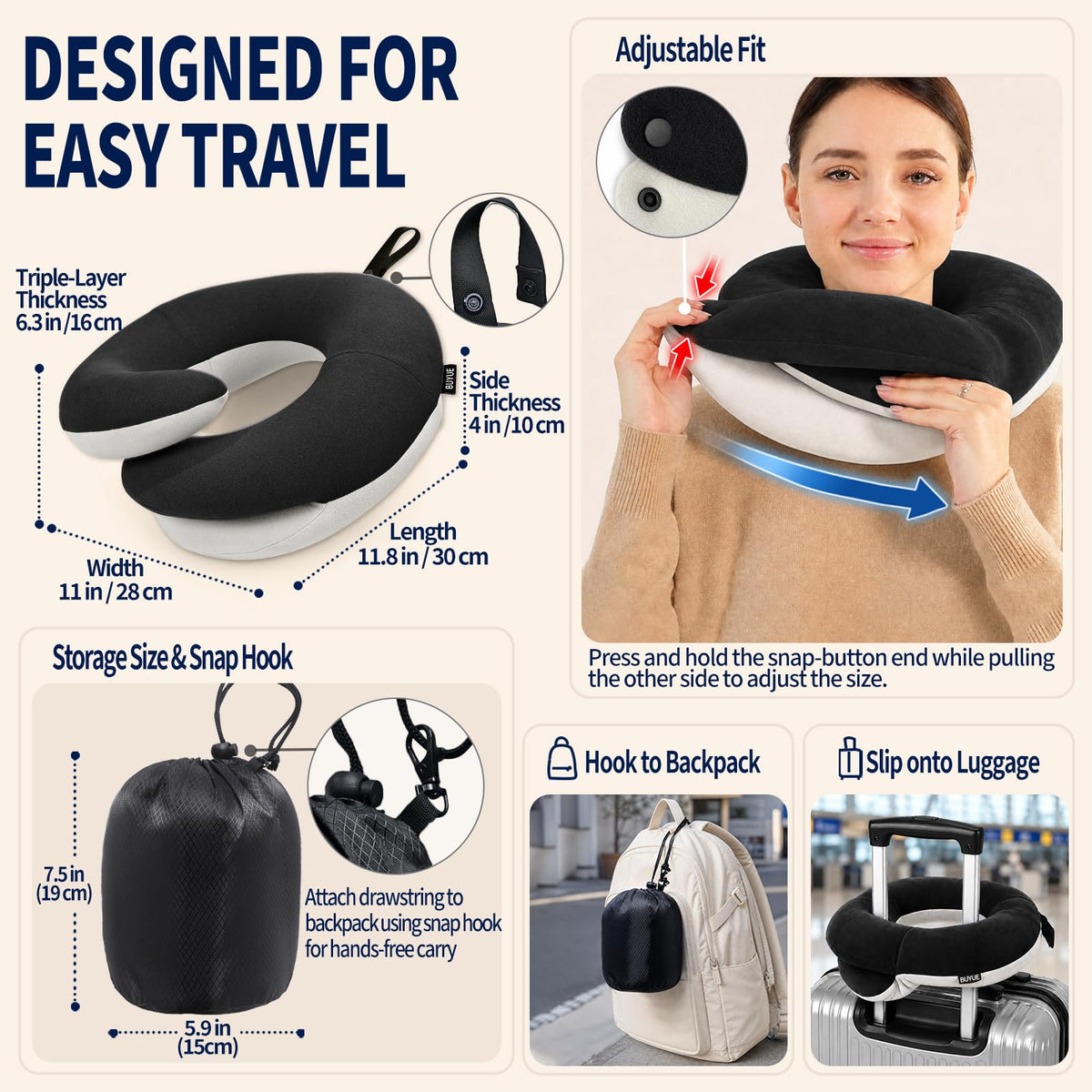 Removable, machine-washable cover on BUYUE neck pillow for easy cleaning