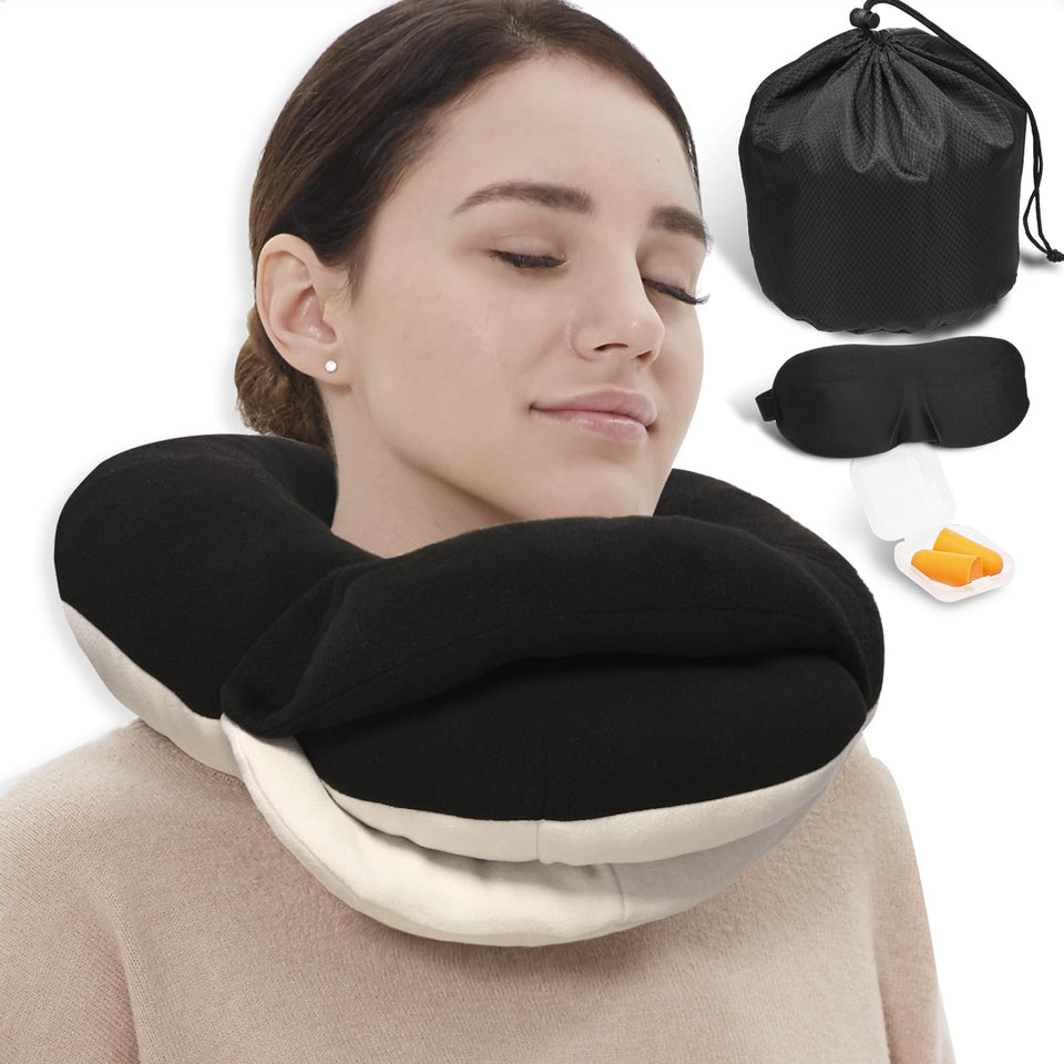 BUYUE travel neck pillow showing 360° head support for steady rest on long flights
