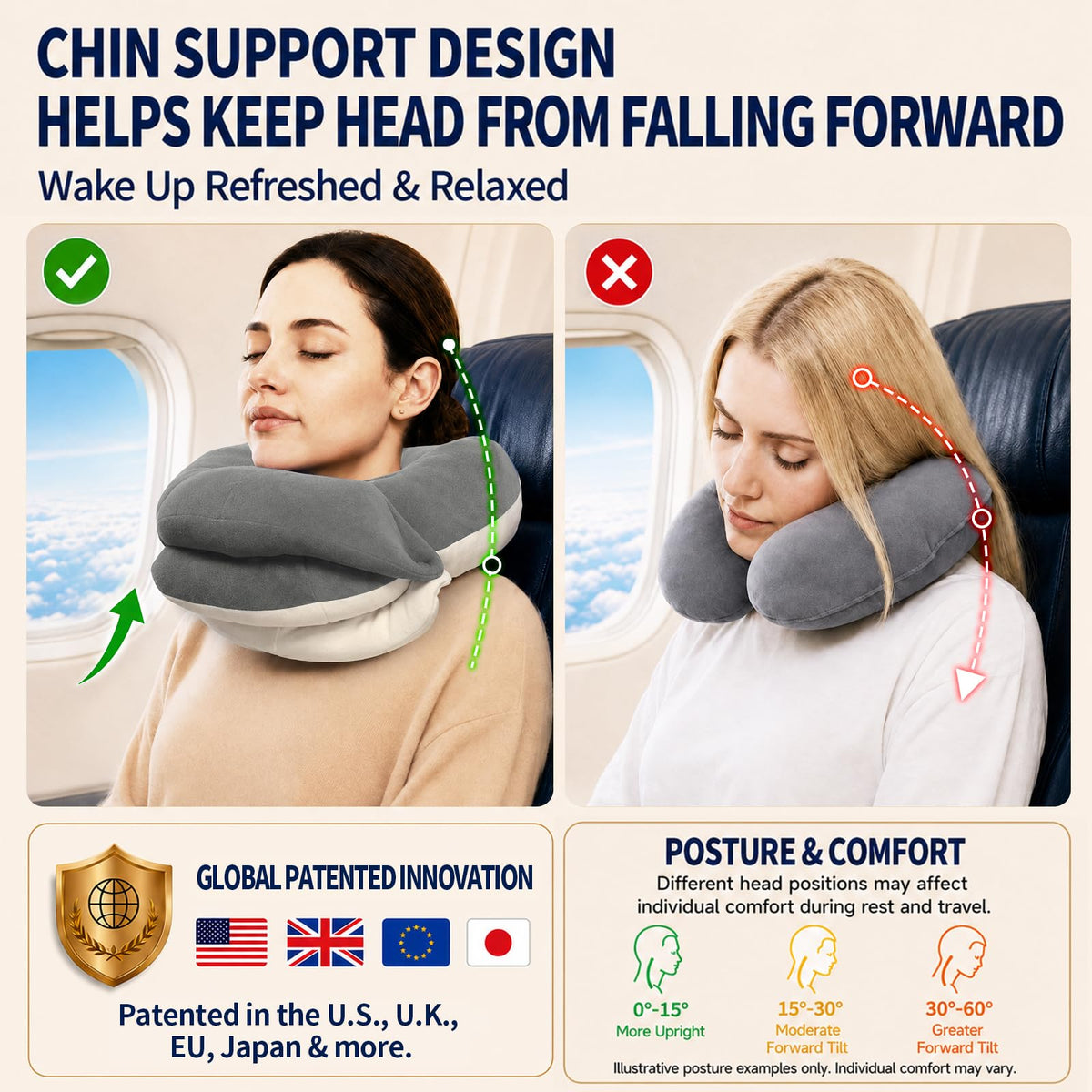 BUYUE travel neck pillow side-support adapts for side sleeping and comfort.
