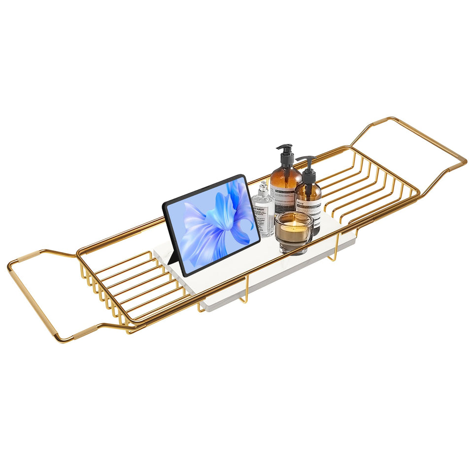 BVL bathtub tray in gold with marble base, rustproof for steamy baths.