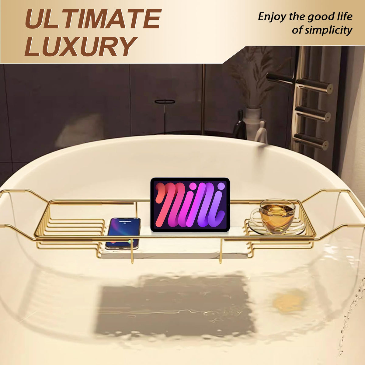 BVL gold bath tray with tablet holder and wine glass notch for hands-free use.