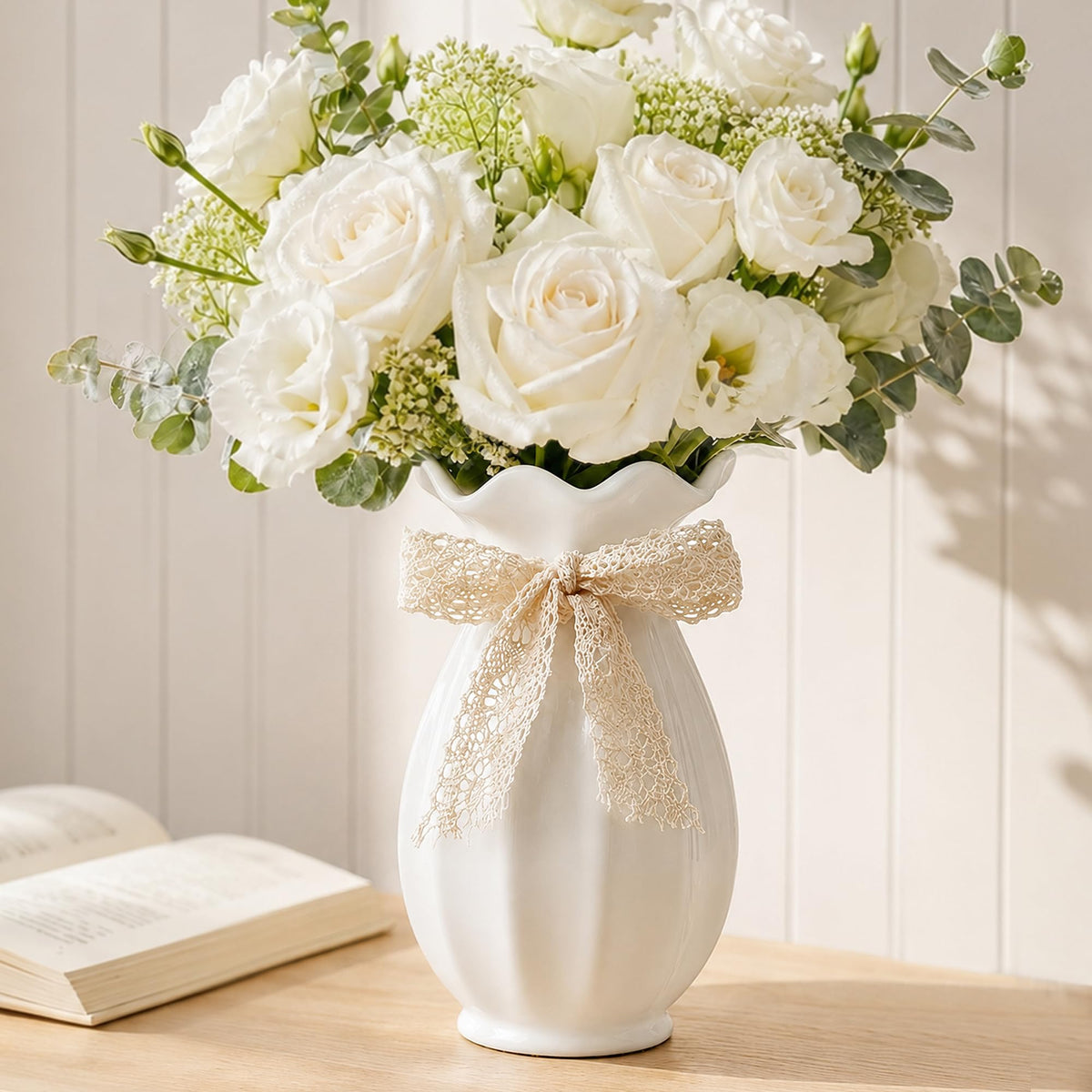 bwytbwy white ceramic vase with ribbon, a customizable decor accent.