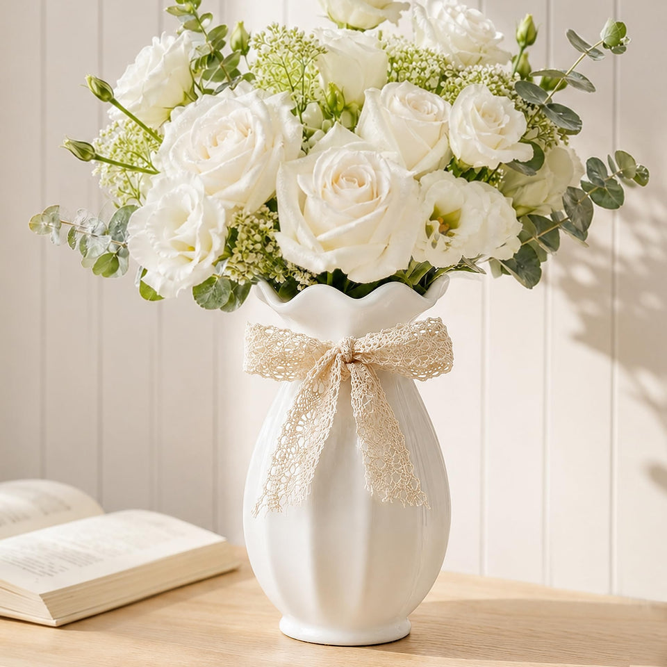 bwytbwy white ceramic vase with ribbon, a customizable decor accent.