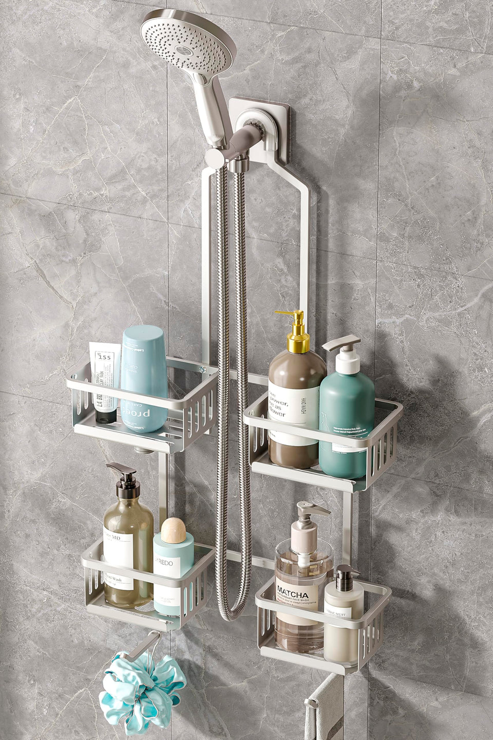 BXINREDA aluminum shower caddy over showerhead for organized bath essentials.