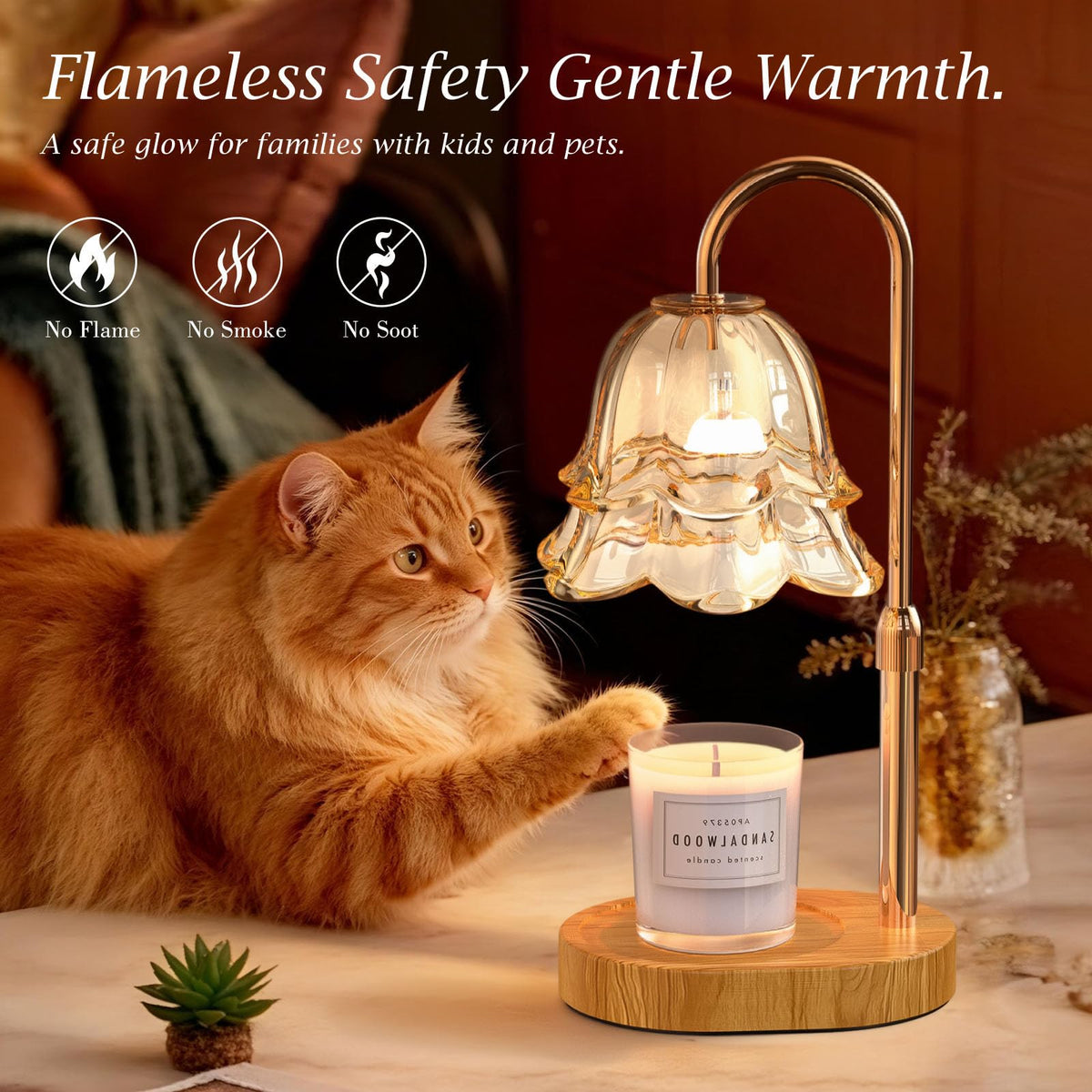 BYART Candle Warmer Lamp in nighttime setting provides cozy, flame-free ambiance.