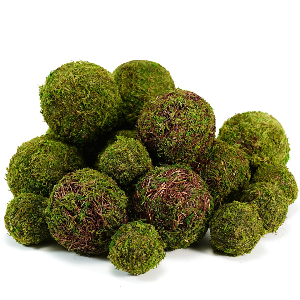 BYHER 18-piece moss balls set used as bowl fillers for rustic centerpieces.