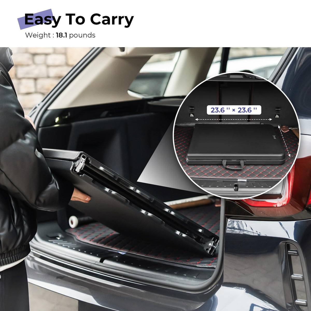 Byliable folding table carrying handle enables easy transport from car to venue