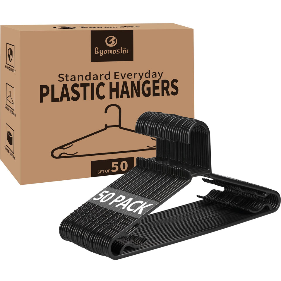 Byomostor black plastic hangers, front view, space-saving profile for compact closets