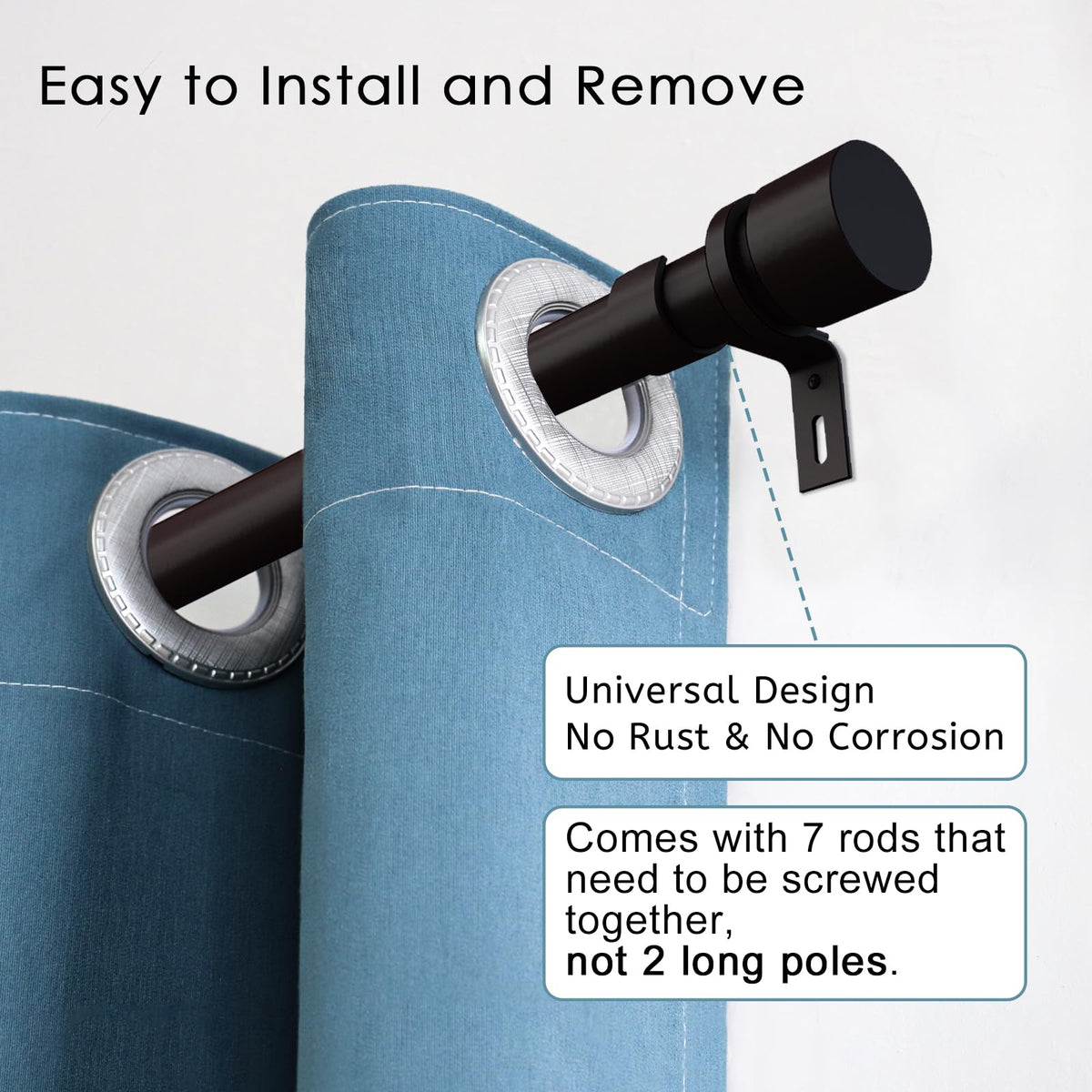 Byondeth curtain rod assembly with multiple sections for stable, long-length setups