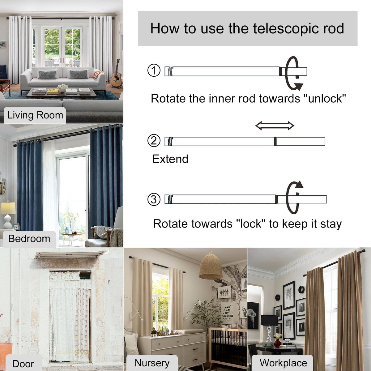 Byondeth hardware provides flexible mounting for grommet, rod pocket, and tab top curtains