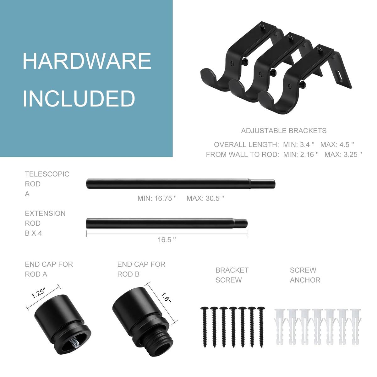 Sturdy five-piece curtain rod assembly joining pieces together