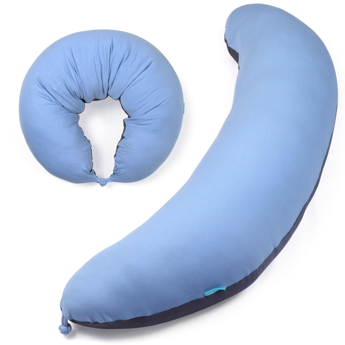 BYRIVER 39-inch C-shaped pillow on bed for side-sleep comfort.