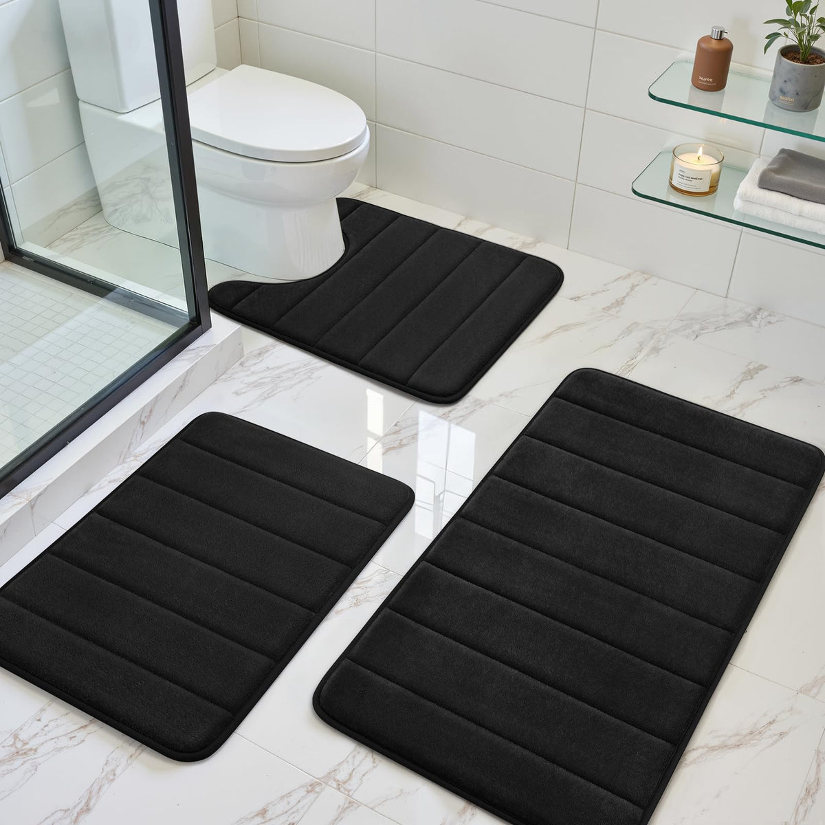 BYSURE black memory foam bath rug set 3pc front view emphasizes plush comfort.