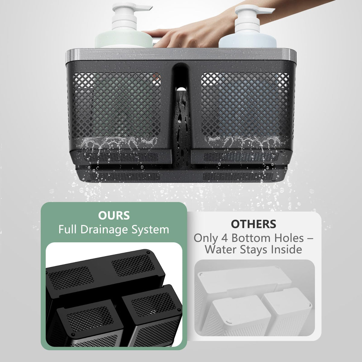 BYUNER ABS plastic shower basket highlights drainage grid for quick dry