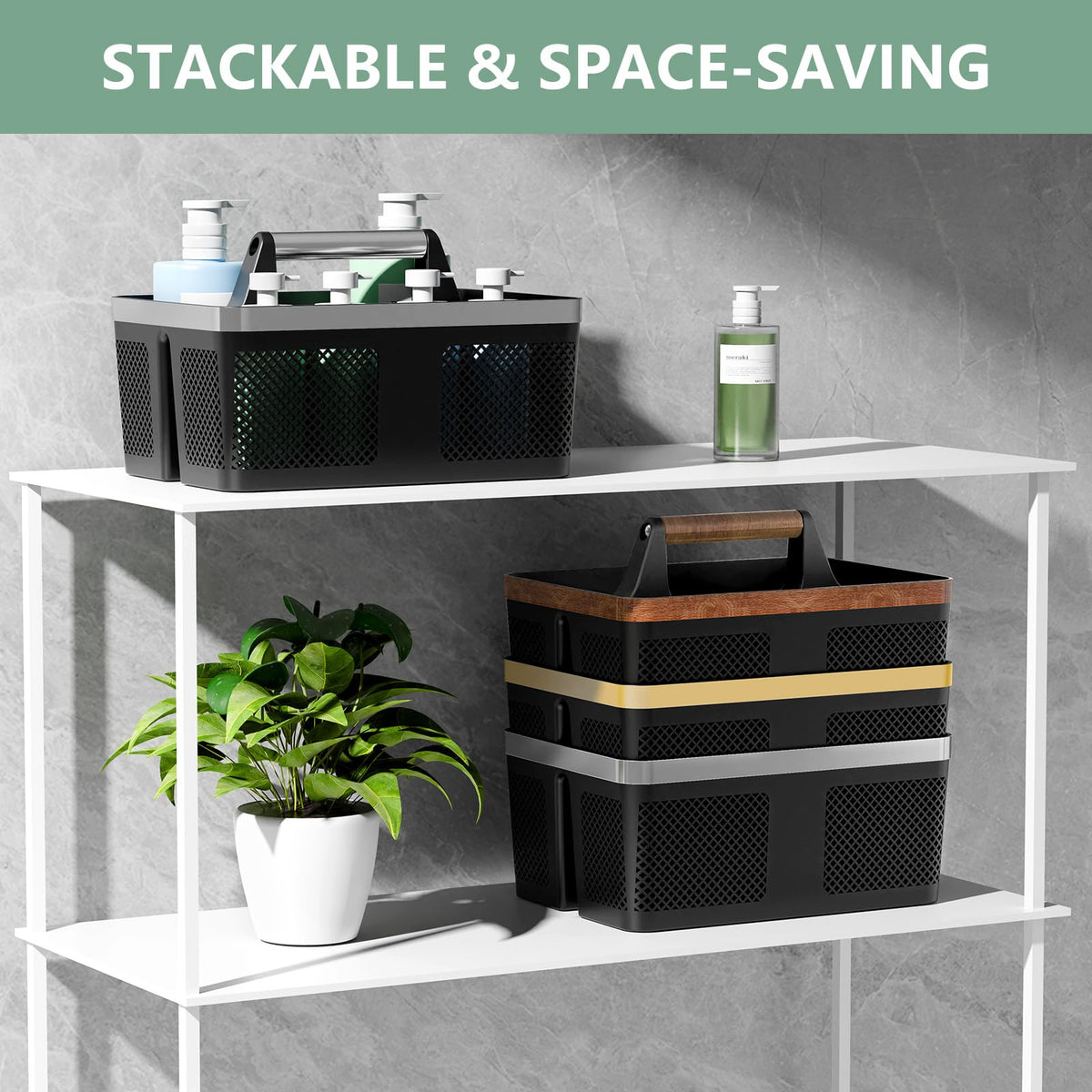 BYUNER three-compartment caddy keeps shampoo, conditioner, and body wash organized