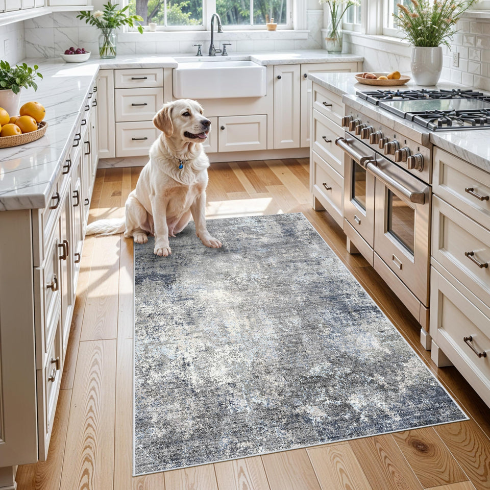 BYYVOO 3x4 entryway rug in blue-grey abstract adds subtle style to a compact space