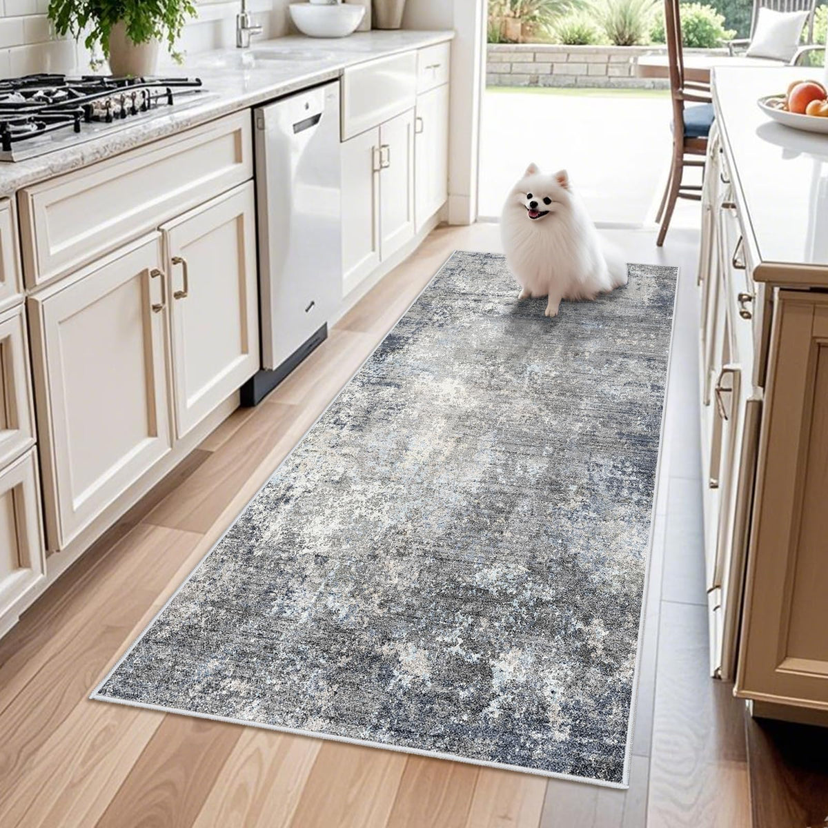 BYYVOO 3x6 washable kitchen runner in blue-gray abstract design adds style and floor protection.