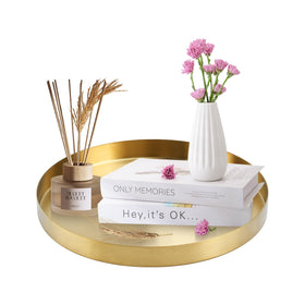 BYZCYSG 12-inch golden round platter on dining table, ideal centerpiece.