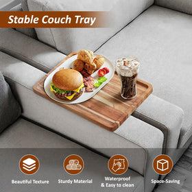 CABALAY Acacia wood couch tray between sofa cushions ready for drinks.