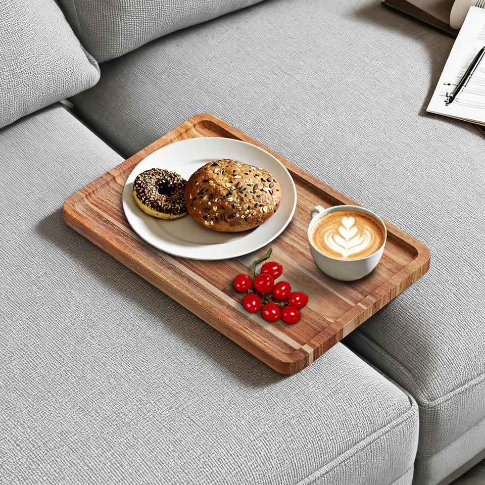 CABALAY Acacia wood couch tray resting between cushions for a stable surface.