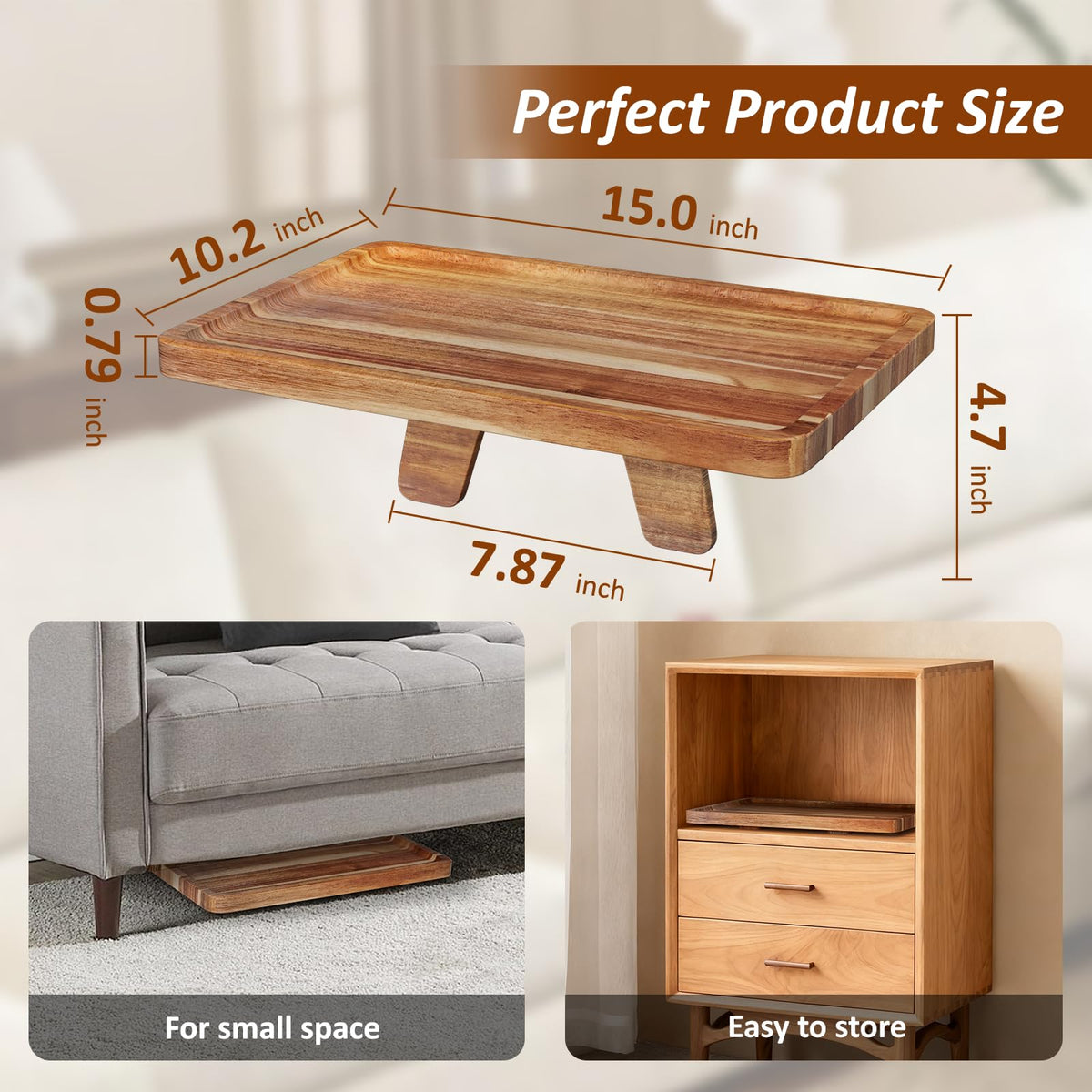 CABALAY Acacia wood couch tray with non-slip base holding mug and snack.