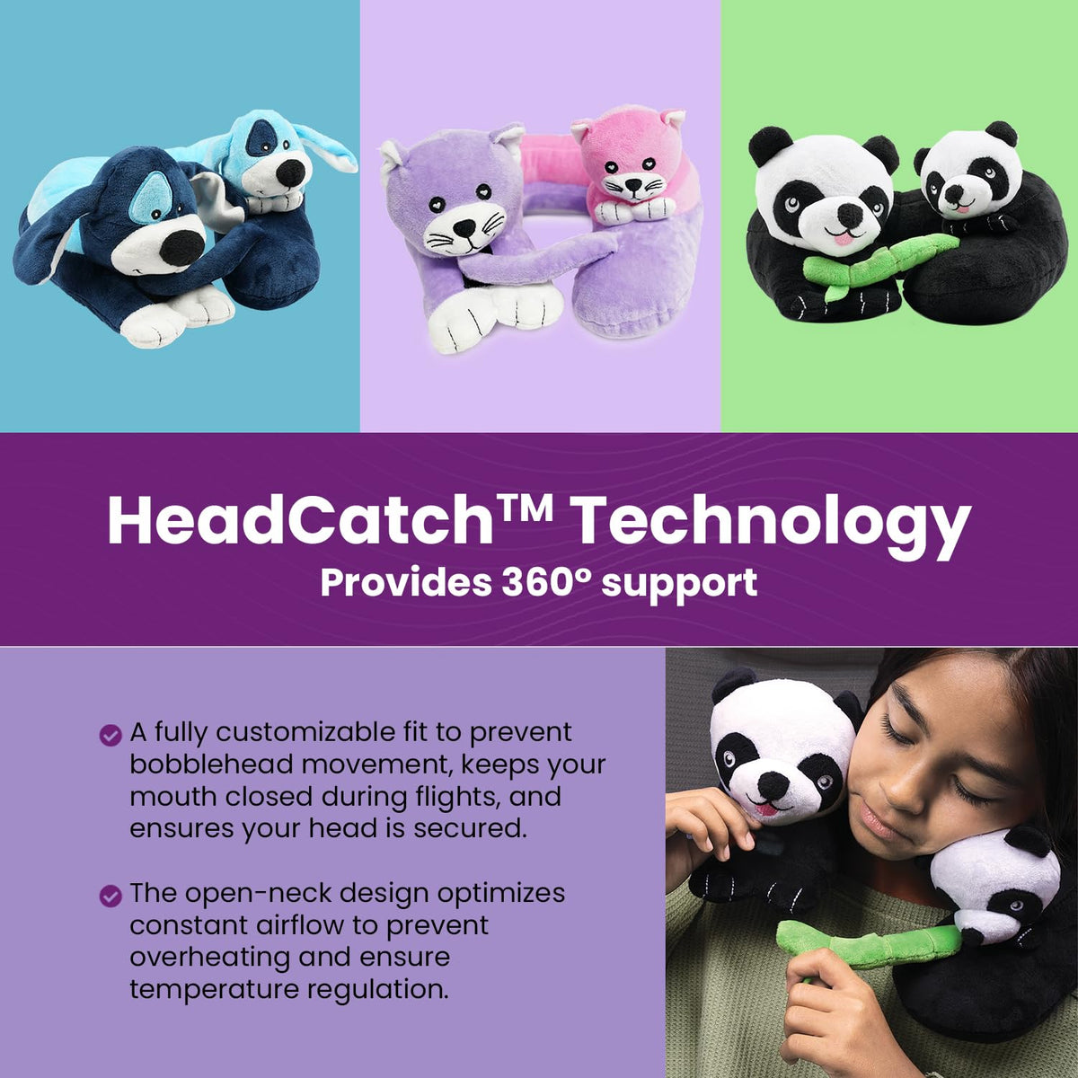Cabeau Evolution Kids pillow back design showing slim rear cushion for spine alignment.